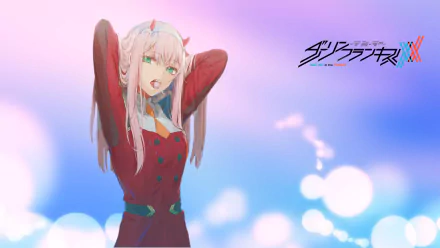 HD wallpaper featuring Zero Two from Darling in the FranXX with long pink hair and green eyes, set against a soft, colorful background.