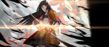 Anime-style original artwork of a blue-eyed schoolgirl in armor wielding a katana, set against a dynamic background, designed as an HD PC desktop wallpaper.