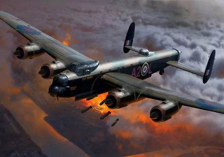 HD desktop wallpaper featuring a detailed Avro Lancaster warplane bomber aircraft in flight amidst dramatic clouds and flames, showcasing military aviation.
