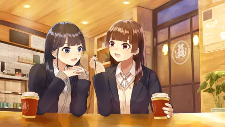 HD PC desktop wallpaper and background: anime Astrogirls Shin Amadate and Mahiru Amadate chatting in a cozy café, wearing school uniforms and holding takeaway coffee cups.