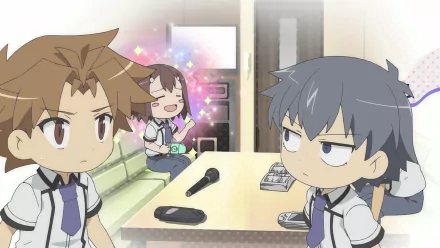 Chibi-style anime characters Kouta Tsuchiya, Akihisa Yoshii, and Hideyoshi Kinoshita from Baka and Test in an indoor setting, featured in an HD PC wallpaper.