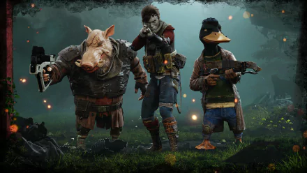 HD PC desktop wallpaper of the video game Mutant Year Zero: Road to Eden, showing three armed mutants — a pig, a human and a duck — posed in a misty forest.