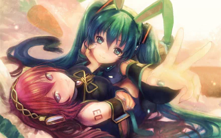HD PC desktop wallpaper featuring anime-style Vocaloid characters Hatsune Miku and Luka Megurine in a vibrant, dynamic pose with soft lighting.