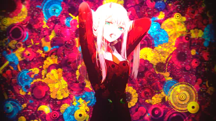HD desktop wallpaper featuring Zero Two from the anime Darling in the FranXX, set against a vibrant, colorful background with intricate floral and geometric patterns.