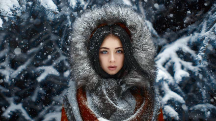 A striking winter HD wallpaper featuring a woman with long black hair and blue eyes, wearing a fur-lined coat amidst falling snow and snow-covered trees.