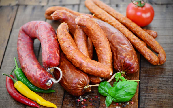 A vibrant 4K Ultra HD still life of assorted sausages, chili peppers, fresh basil, and a tomato arranged on a rustic wooden surface.