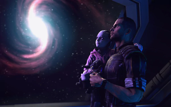 Commander Shepard and a child Asari gaze at a glowing galaxy in this HD Mass Effect video game desktop wallpaper.