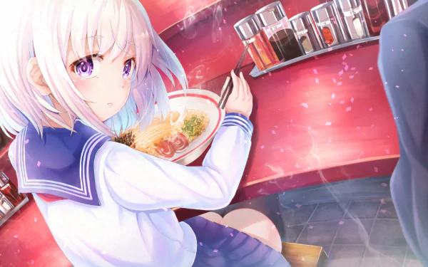 Anime-style HD desktop wallpaper of a white-haired schoolgirl with purple eyes eating ramen in a diner, wearing a traditional school uniform.