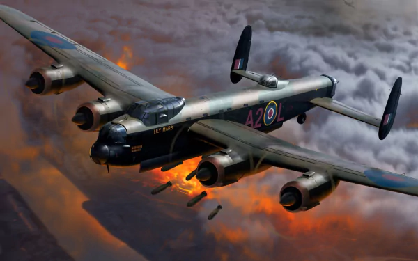 HD desktop wallpaper featuring a detailed Avro Lancaster warplane bomber aircraft in flight amidst dramatic clouds and flames, showcasing military aviation.