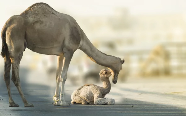 HD desktop wallpaper of a baby camel lying on the ground with an adult camel gently nuzzling it, captured with a soft depth of field.