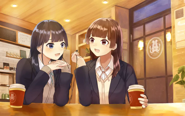 HD PC desktop wallpaper and background: anime Astrogirls Shin Amadate and Mahiru Amadate chatting in a cozy café, wearing school uniforms and holding takeaway coffee cups.