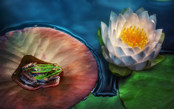A vibrant green frog rests on a large lily pad beside a blooming white lotus flower on calm water, captured in HD for a stunning desktop wallpaper.