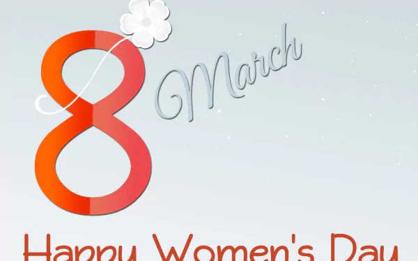HD PC desktop wallpaper background: Happy Women's Day holiday design with a stylized orange-red 8, cursive March and Happy Women's Day text on a light sky backdrop.