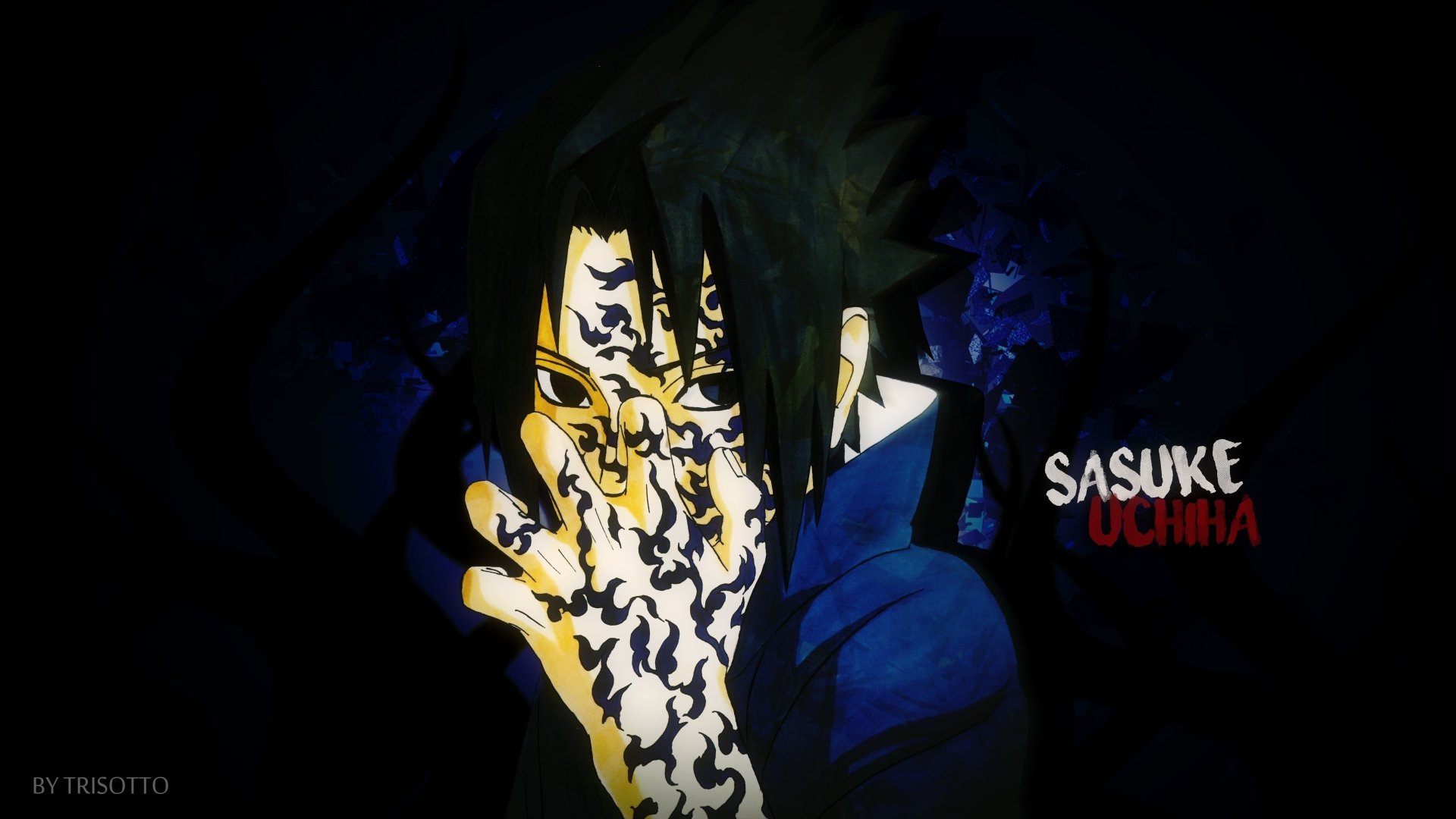 HD desktop wallpaper featuring Sasuke Uchiha from the anime Naruto. Sasuke is shown with a dark, intense expression and intricate markings on his face, set against a moody, shadowy background.
