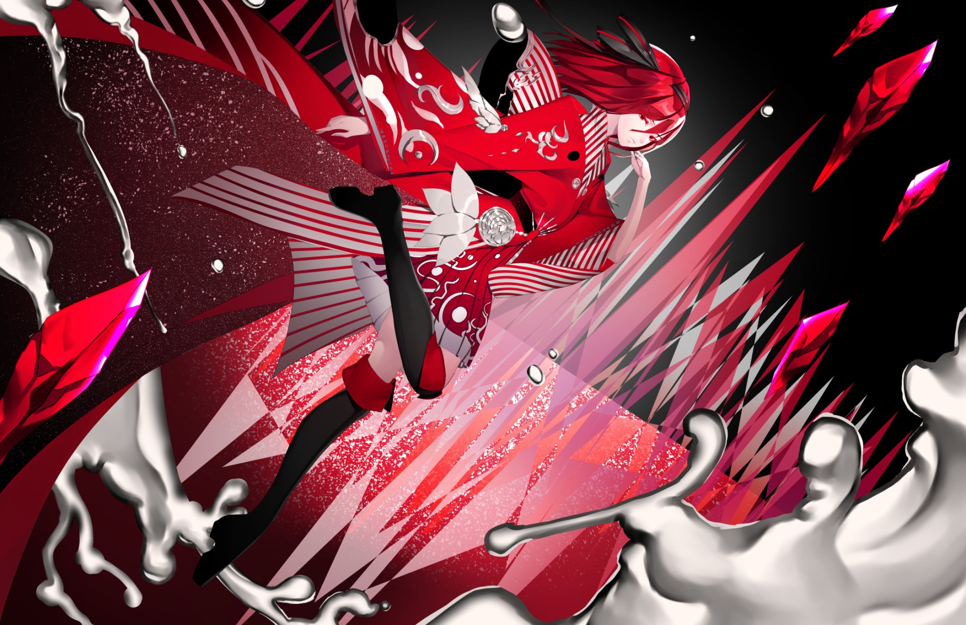 HD PC desktop wallpaper featuring Cinnabar from the anime Land of the Lustrous with dynamic red and black abstract elements and sharp crystalline shapes.