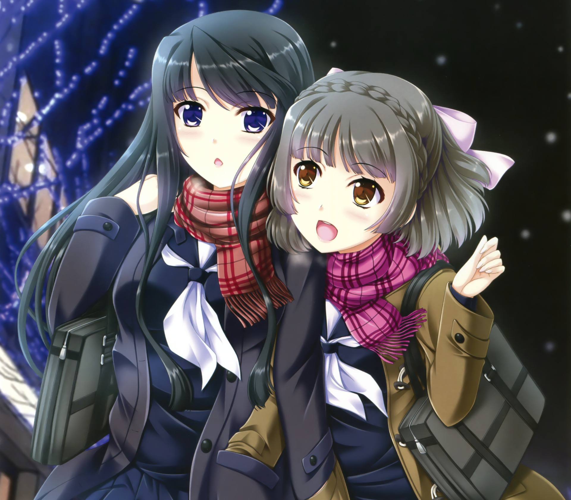 Download Light Blue Eyes Brown Eyes Brown Hair Black Hair Bag Scarf Braid Bow (Clothing) Short Hair Long Hair Anime Original HD Wallpaper by Akino Shin