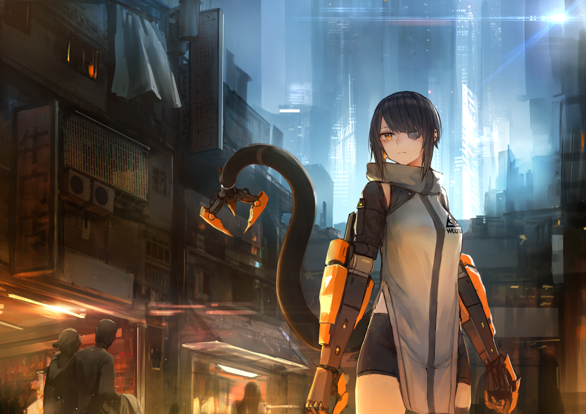 A cyberpunk anime girl with a mechanical tail stands in a futuristic cityscape, blending sci-fi elements with detailed HD desktop wallpaper art.