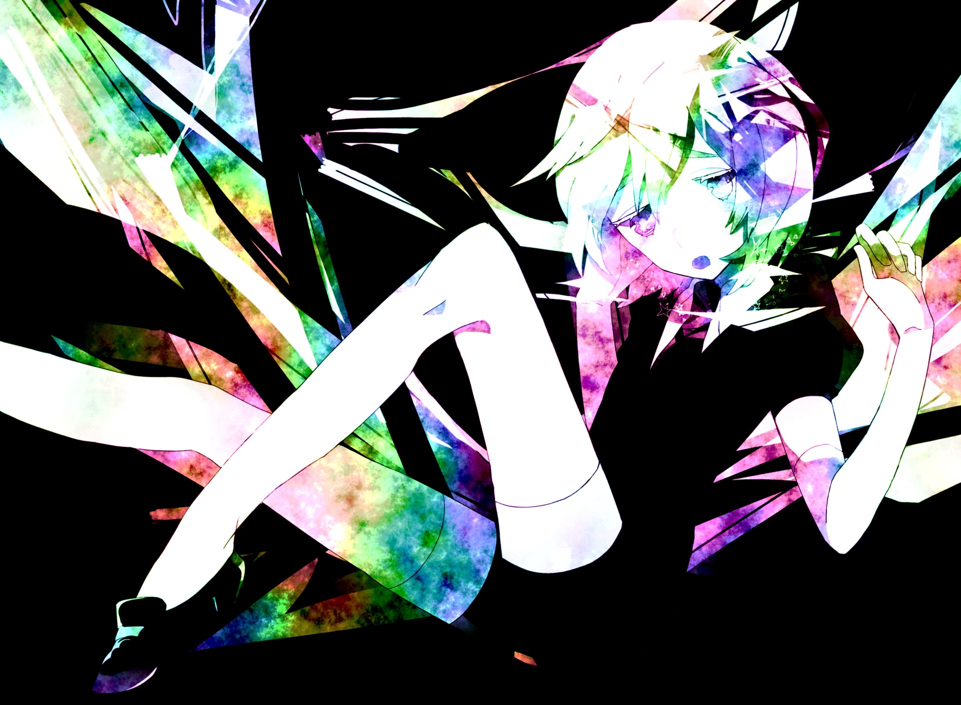 Vibrant HD anime wallpaper featuring Diamond from Land of the Lustrous, showcasing colorful crystalline effects and dynamic pose on a dark background.