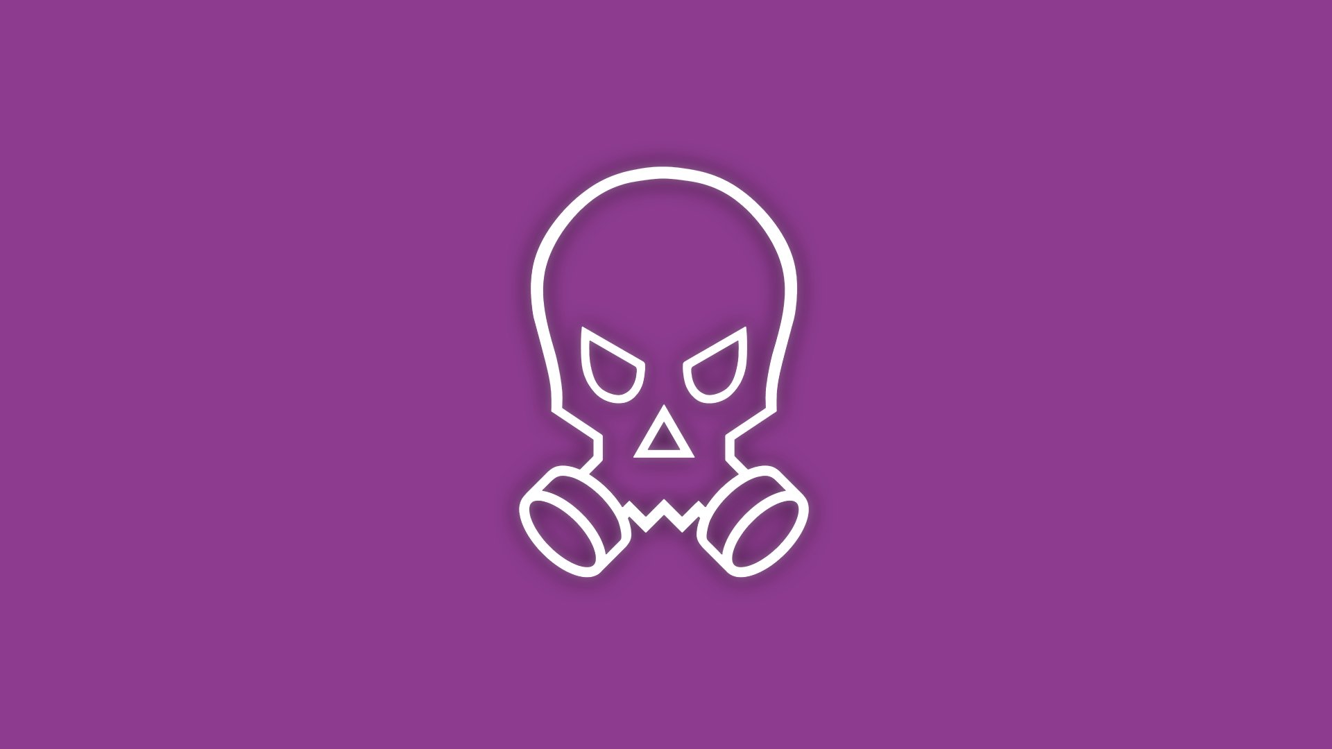 Minimalist 8K Ultra HD PC wallpaper: white Smoke gas-mask skull icon centered on purple background — Tom Clancy's Rainbow Six: Siege minimalist gaming art.