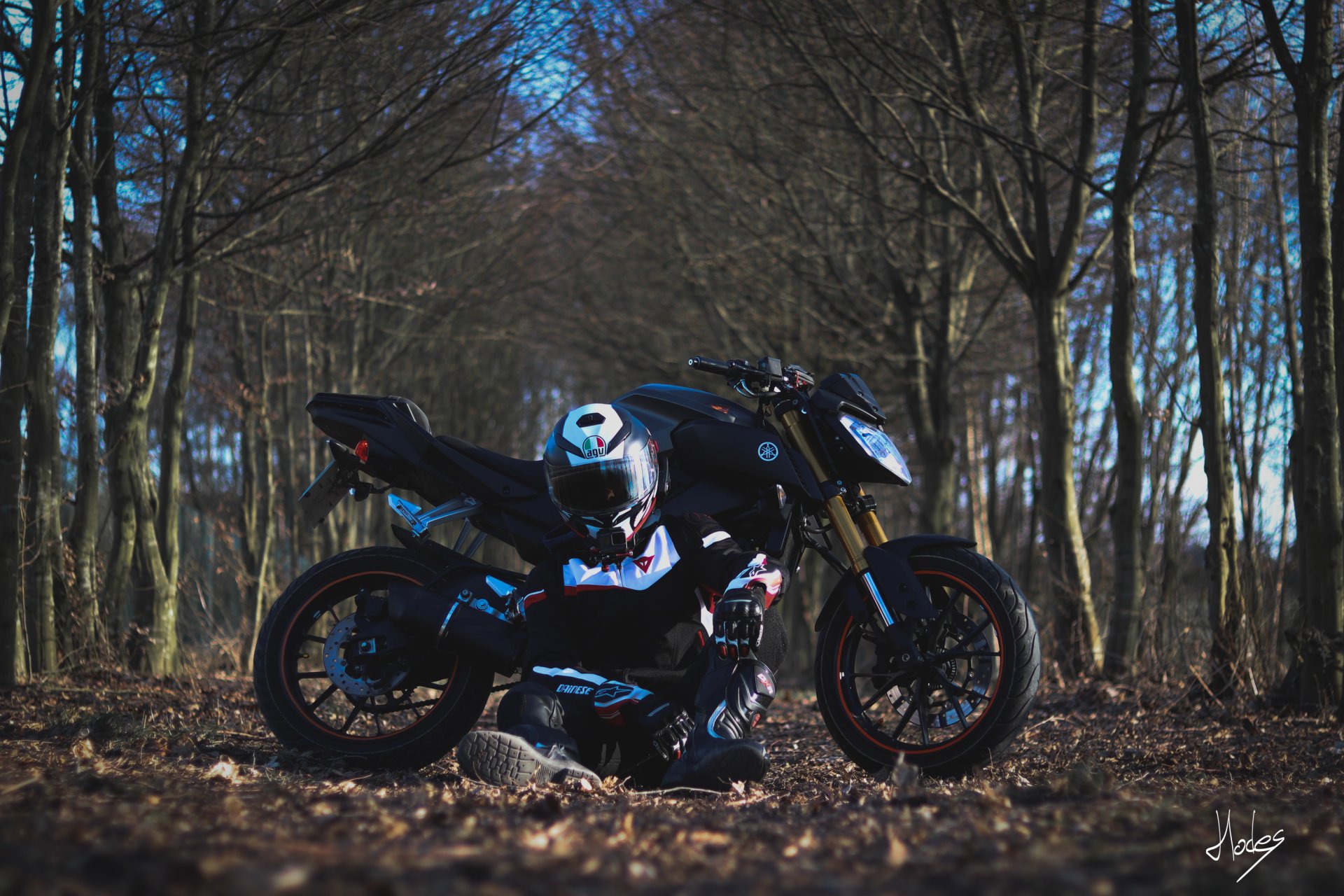 Man in helmet crouches beside a Yamaha motorcycle in a leaf-strewn forest — moody motorcycle photography, 2K Quad HD PC desktop wallpaper and background.