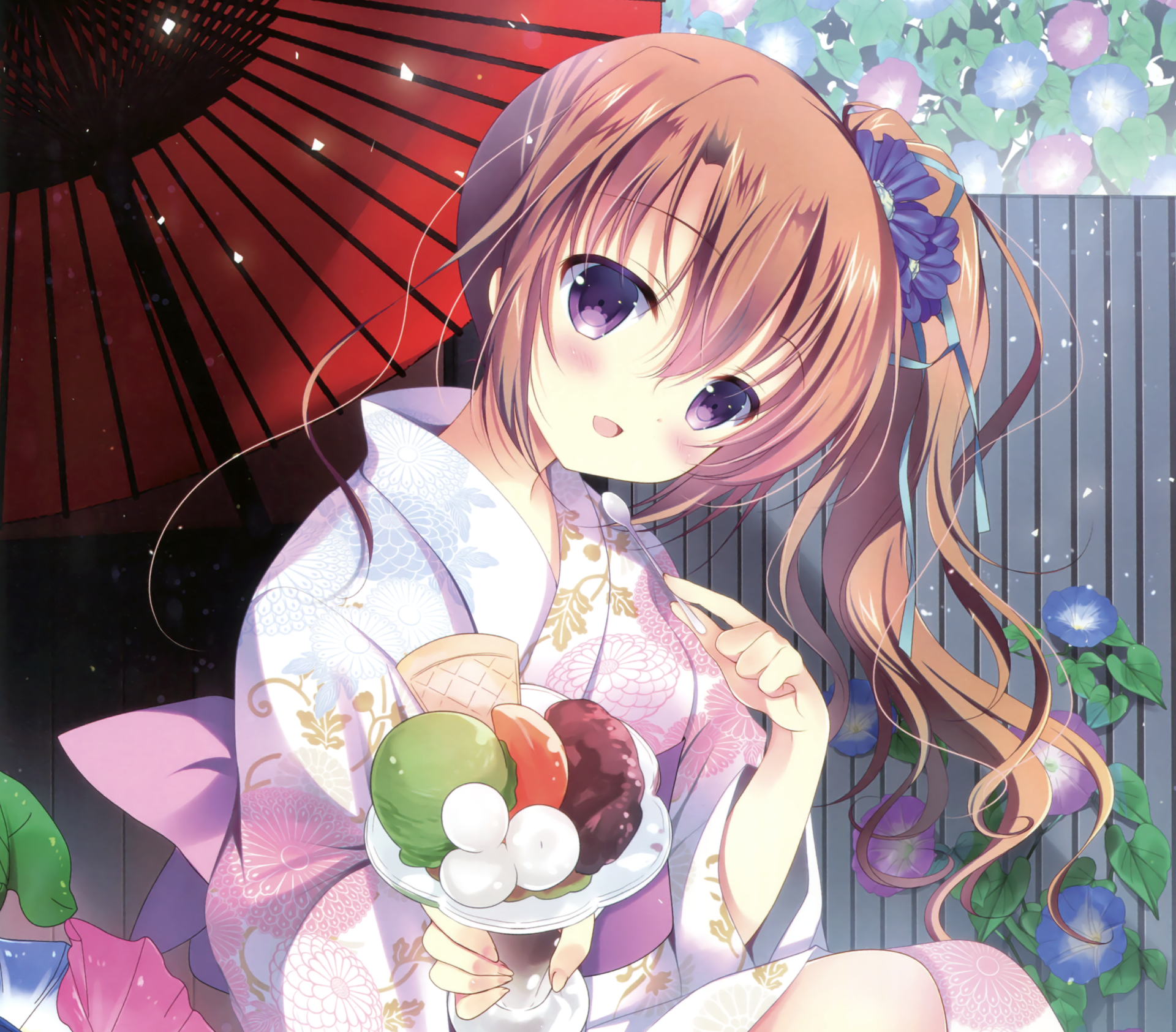 Download Spoon Flower Purple Eyes Blush Smile Ice Cream Parasol Kimono Brown Hair Anime Original HD Wallpaper by Shirogane Hina