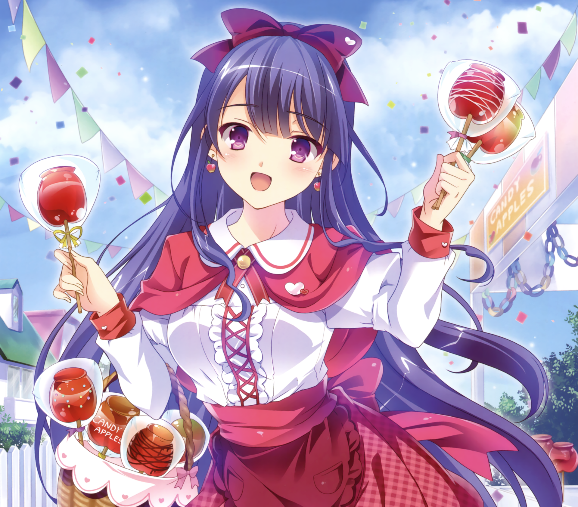 Anime-style original character with long black hair and purple eyes, smiling while holding candied apples, wearing a bow, apron, and cloak amid colorful confetti.