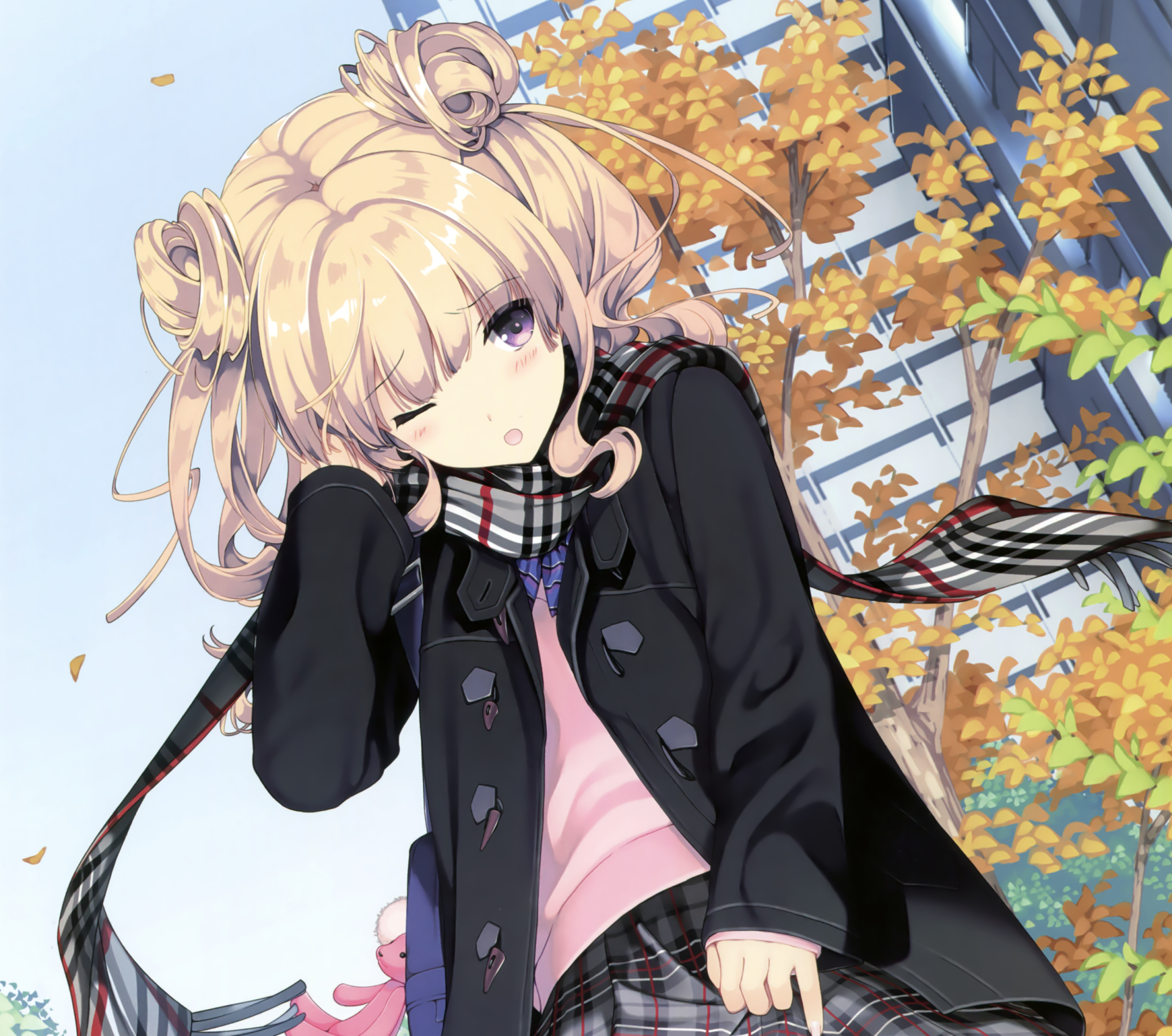 Anime-style blonde girl with short hair, purple eyes, and a scarf winking while holding a teddy bear against a city backdrop with autumn leaves, in HD.