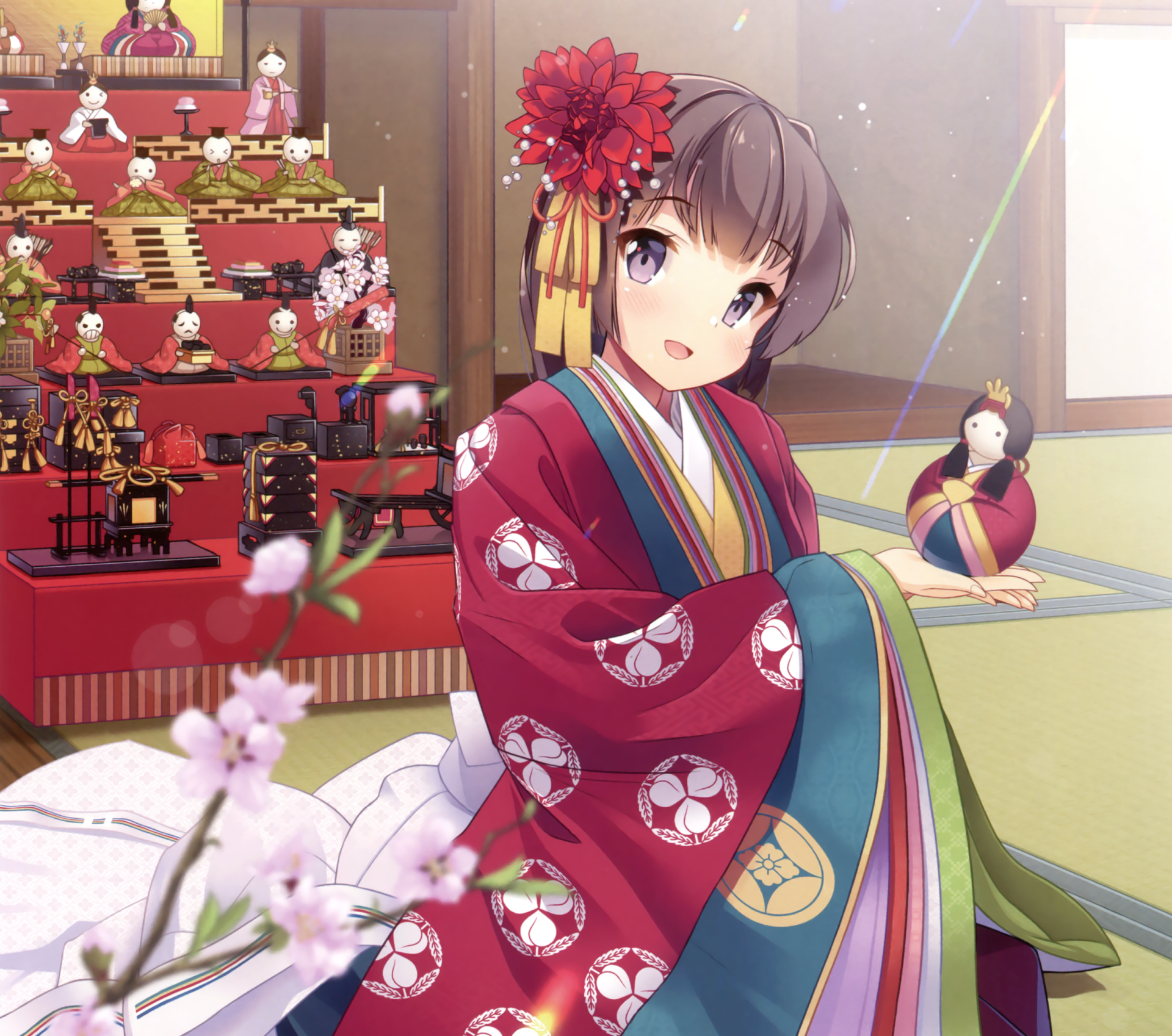 Download Cherry Blossom Blush Smile Kimono Brown Hair Short Hair Anime Original HD Wallpaper by At-yui