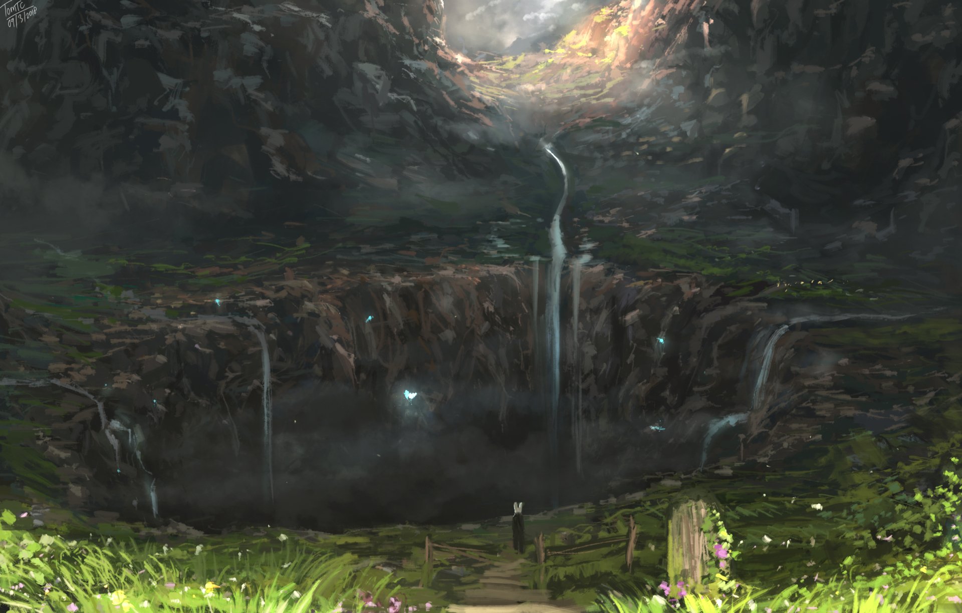 A fantasy landscape featuring a mystical waterfall cascading into a vast, dark crater surrounded by rocky cliffs and lush greenery, captured in HD for a PC desktop wallpaper.