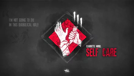 Minimalist 8K Ultra HD PC desktop wallpaper for Dead By Daylight: Claudette Morel Self-Care game emblem — white hands bandaging a wound on a red diamond, claw scratches on dark textured background.