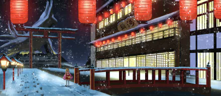Anime scene featuring a Virtual Youtuber standing on a snowy path near a traditional Japanese building illuminated by red lanterns. HD desktop wallpaper and background.
