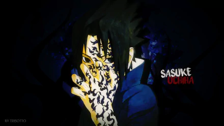HD desktop wallpaper featuring Sasuke Uchiha from the anime Naruto. Sasuke is shown with a dark, intense expression and intricate markings on his face, set against a moody, shadowy background.