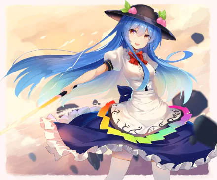Tenshi Hinanawi (Touhou) anime HD PC desktop wallpaper/background — blue-haired girl in frilled dress and hat, sword in hand, smiling with flowing hair against a soft pastel sky.