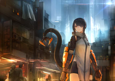 A cyberpunk anime girl with a mechanical tail stands in a futuristic cityscape, blending sci-fi elements with detailed HD desktop wallpaper art.