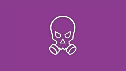 Minimalist 8K Ultra HD PC wallpaper: white Smoke gas-mask skull icon centered on purple background — Tom Clancy's Rainbow Six: Siege minimalist gaming art.