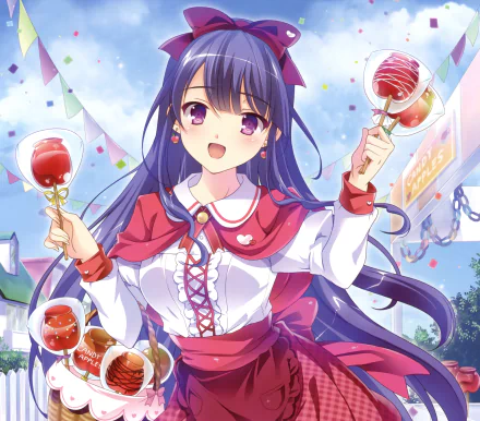 Anime-style original character with long black hair and purple eyes, smiling while holding candied apples, wearing a bow, apron, and cloak amid colorful confetti.