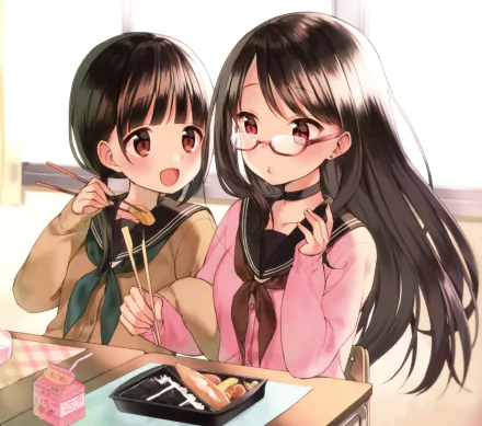 earrings brown eyes smile blush glasses twintails short hair brown hair long hair Anime Original HD Desktop Wallpaper | Background Image