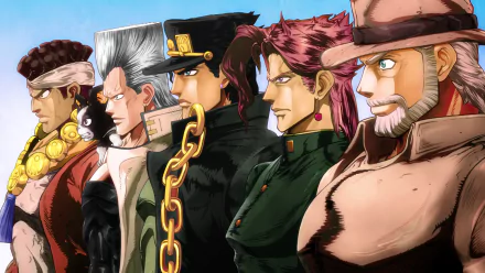 HD desktop wallpaper featuring characters from JoJo's Bizarre Adventure: Stardust Crusaders anime, showcasing a detailed and vivid lineup of five main characters in striking poses and vibrant colors.