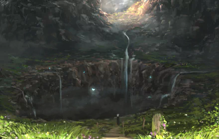 A fantasy landscape featuring a mystical waterfall cascading into a vast, dark crater surrounded by rocky cliffs and lush greenery, captured in HD for a PC desktop wallpaper.