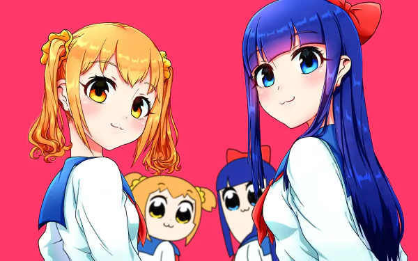 HD desktop wallpaper featuring Popuko and Pipimi from the anime Pop Team Epic, showcasing their distinct styles against a vibrant pink background.