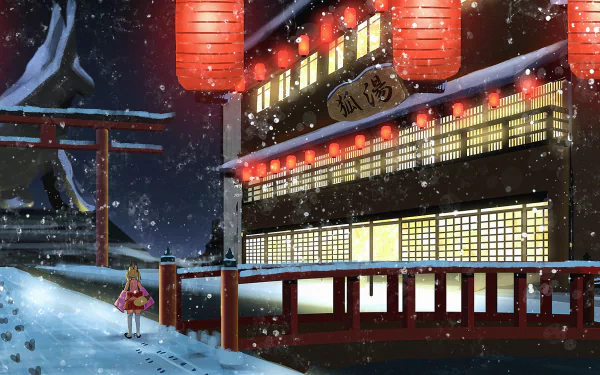 Anime scene featuring a Virtual Youtuber standing on a snowy path near a traditional Japanese building illuminated by red lanterns. HD desktop wallpaper and background.