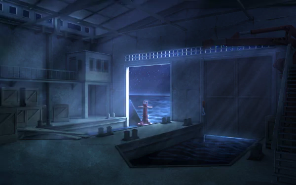 HD PC desktop wallpaper — Original Anime night hangar: dim interior opening to moonlit water, a lone figure on the pier, moody anime night atmosphere.