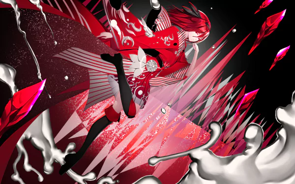 HD PC desktop wallpaper featuring Cinnabar from the anime Land of the Lustrous with dynamic red and black abstract elements and sharp crystalline shapes.