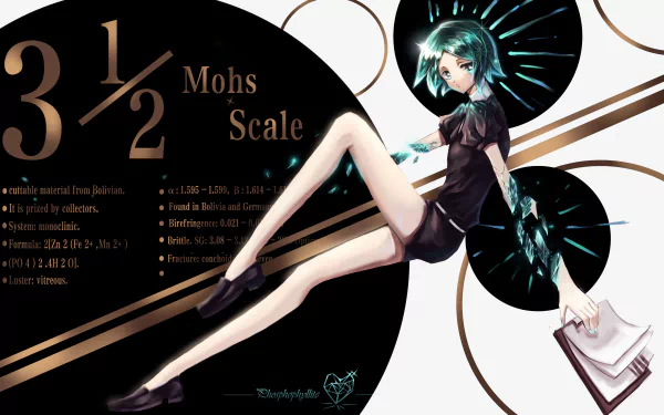 Phosphophyllite (Land of the Lustrous) — teal‑haired anime figure in a black outfit with crystal shards, reclining against a stylized Mohs scale graphic. 5K Ultra HD PC desktop wallpaper/background.