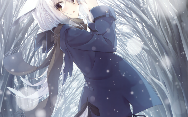 Anime Original Long Hair White Hair Tail Scarf Brown Eyes Snowfall HD Wallpaper | Background Image