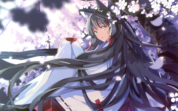 Anime-style original character with long black braided hair and green eyes, dressed in a miko outfit, surrounded by blooming cherry blossoms in an HD desktop wallpaper.