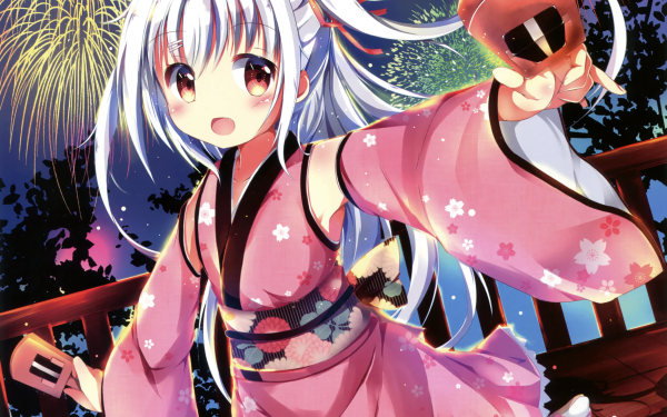 Anime Original Fireworks Smile Kimono Twintails White Hair Brown Eyes Blush HD Wallpaper | Background Image