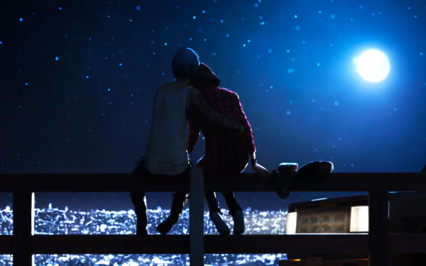 Chloe Price and Max Caulfield from Life Is Strange sit together on a railing, overlooking a glowing cityscape under a starry night sky in this 4K Ultra HD PC wallpaper.