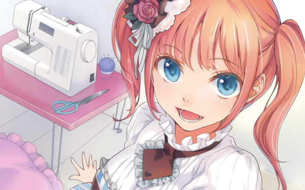 Anime Original Orange Hair Smile Twintails Sewing Machine Blue Eyes Short Hair HD Wallpaper | Background Image