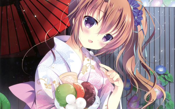 Anime Original Brown Hair Kimono Parasol Ice Cream Smile Blush Purple Eyes Flower Spoon HD Wallpaper | Background Image